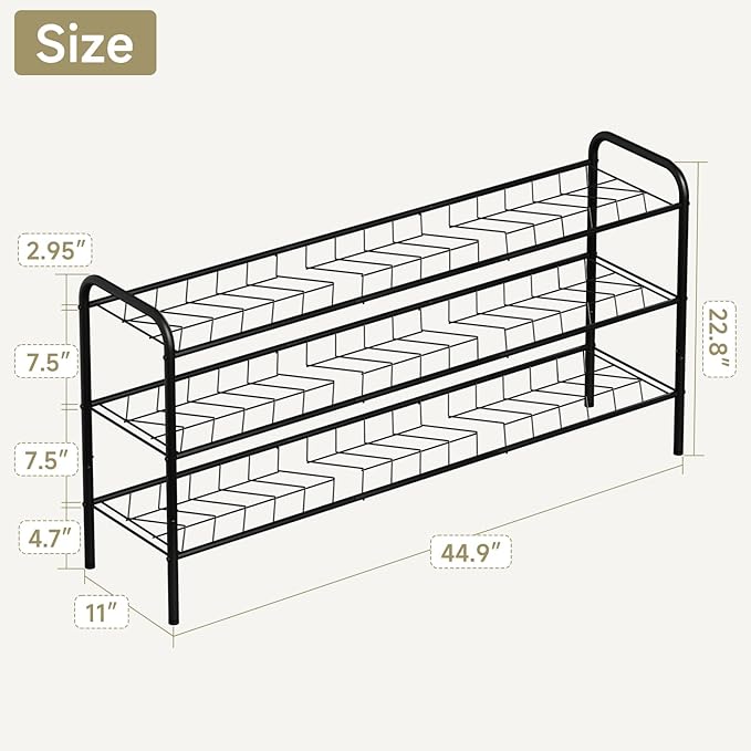 3-Tier Metal Shoe Rack, Free Standing Shoe Storage Rack for Entryway, Closet and Hallway (Black, 3-Tier-Long)