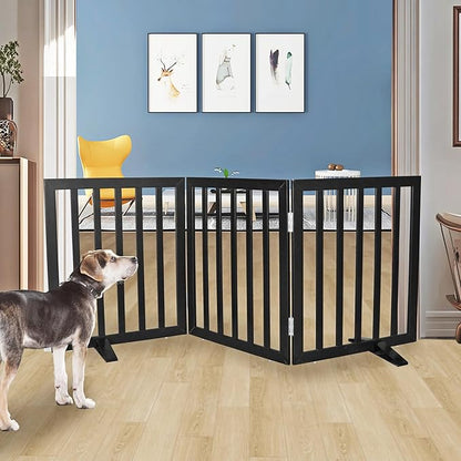 Dog Gate Indoor, Freestanding Dog Fence for The House, Doorways, Hallways,or Stairs,Pet Gate Foldable Wooden,Expandable 24" Height 3 Panels,Black