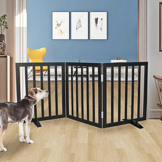 Dog Gate Indoor, Freestanding Dog Fence for The House, Doorways, Hallways,or Stairs,Pet Gate Foldable Wooden,Expandable 24" Height 3 Panels,Black