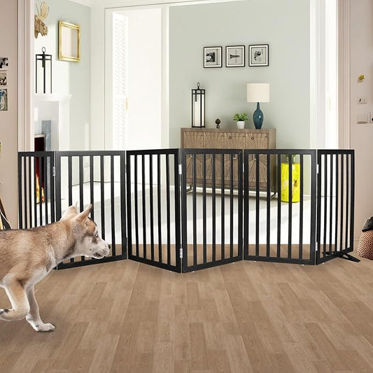 Dog Gate Indoor, Freestanding Dog Fence for The House, Doorways, Hallways,or Stairs,Pet Gate Foldable Wooden,Expandable 32" Height 6 Panels,Black