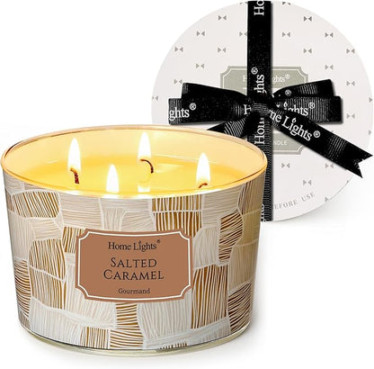 HomeLights Soy Wax Candles for Home Scented, 4-Wick Candles in Salted Caramel Scented, Rustic Modern Aromatherapy Candles Gift for Parties, Relaxing, 18oz