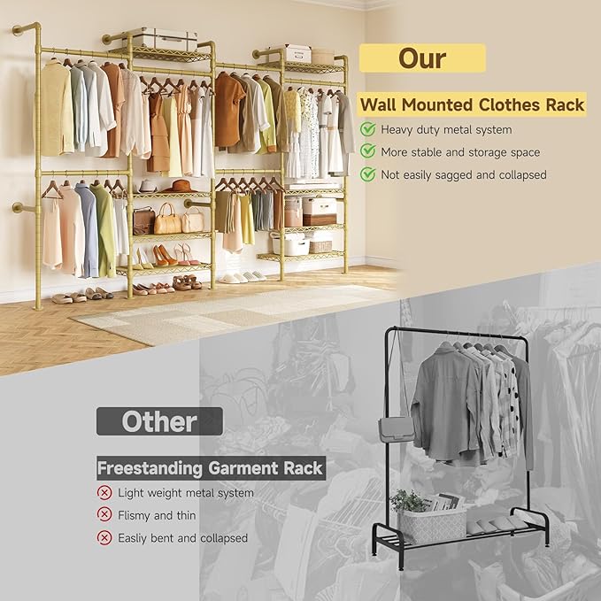 H4 Wall Mounted Closet System, Expandable Industrial Pipe Clothes Rack Clothing Rack for Hanging Clothes, Heavy Duty Closet Organizers and Storage in Wardrobe Closet - Gold