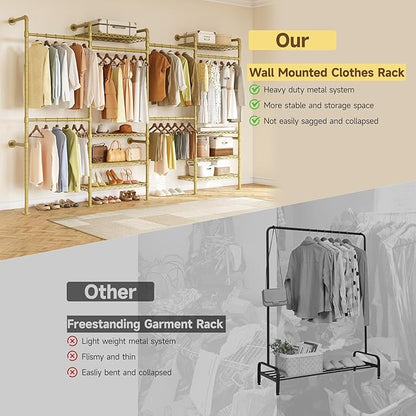 H4 Wall Mounted Closet System, Expandable Industrial Pipe Clothes Rack Clothing Rack for Hanging Clothes, Heavy Duty Closet Organizers and Storage in Wardrobe Closet - Gold