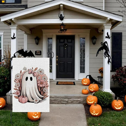 Fokongna Pink Halloween Decor Garden Flag, Pink Halloween Ghost Decor, 12x18 Inch Burlap Vertical Double Sided Flags, for Home Yard Outside Decorations
