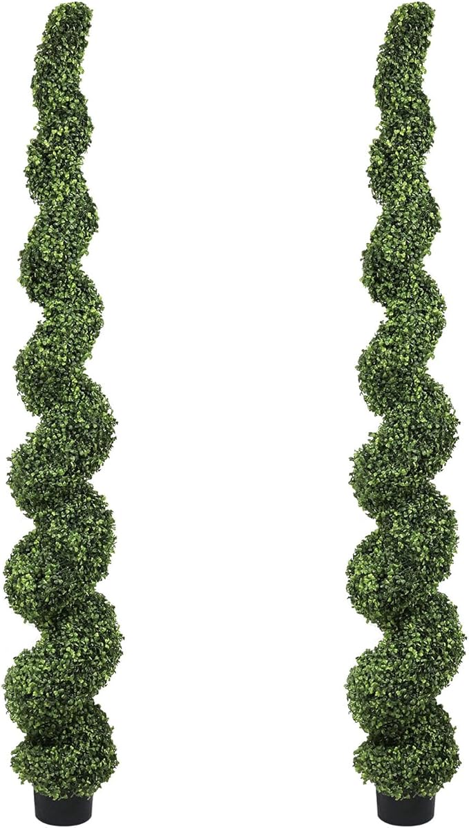 THE BLOOM TIMES 7ft Spiral Topiary Trees Artificial Outdoor Set of 2, 82 inch Faux Boxwood Plants Outside - All-Year Green Fake Twisted Tree for Garden Front Porch Planter Decor 7 Foot
