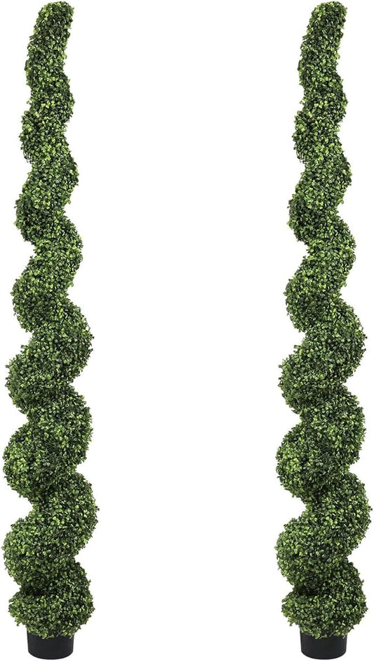 THE BLOOM TIMES 7ft Spiral Topiary Trees Artificial Outdoor Set of 2, 82 inch Faux Boxwood Plants Outside - All-Year Green Fake Twisted Tree for Garden Front Porch Planter Decor 7 Foot
