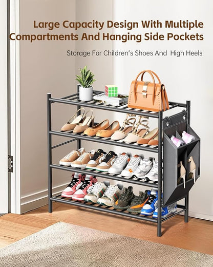 Bamboo Shoe Rack for Closet Small Wooden Shoe Organizer with Pouch, Sturdy Wood Shoe Shelf for Front Door Entrance Entryway and Outdoor, 26 inch Wide (Black, 4-Tier)