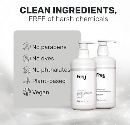 FREY Concentrated Liquid Laundry Detergent | Formulated for Sensitive Skin & HE Washers | Removes Stains Effectively | 50 Loads per Bottle (2-pack Unscented)