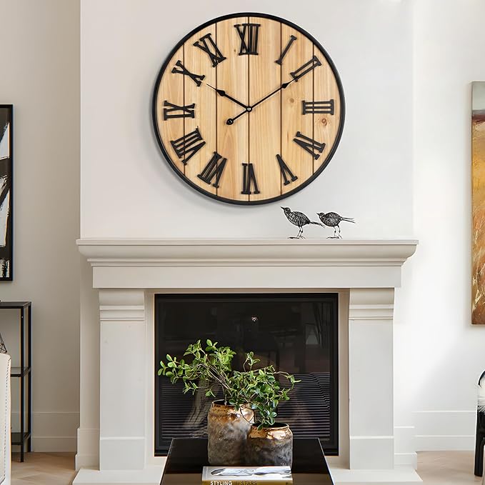Large Wall Clock 16IN, Silent Metal Wood Style Wall Clocks Battery Operated for Living Room Decor, Farmhouse Big Wall Clock, Outdoor