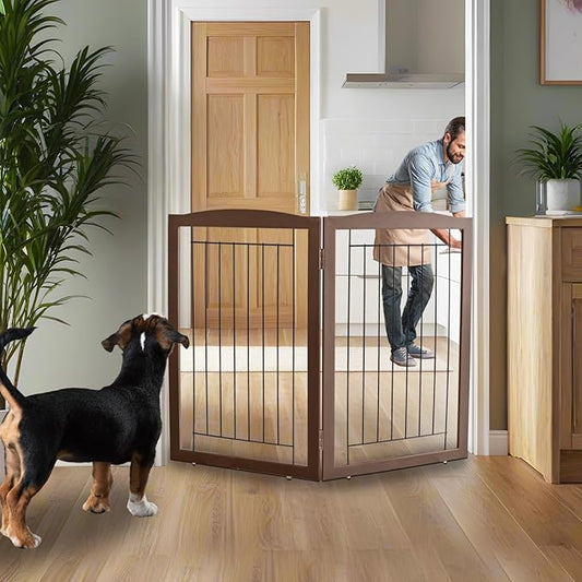 ZJSF Freestanding Foldable Dog Gate for House Extra Wide Wooden Indoor Puppy Gate Stairs Doorways Pet Gate Tall Dog Fence 2 Panels Fence Brown