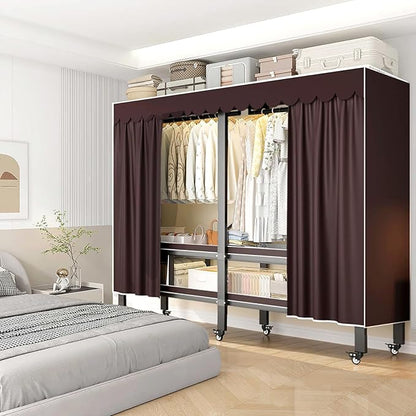 Heavy Duty Clothes Rack with Magnetic Door, Metal Foldable Covered Clothes Rack, Portable Wardrobe Closet System for Hanging Clothes, Rolling Garment Racks for Bedroom (Brown Zipper, 59in)