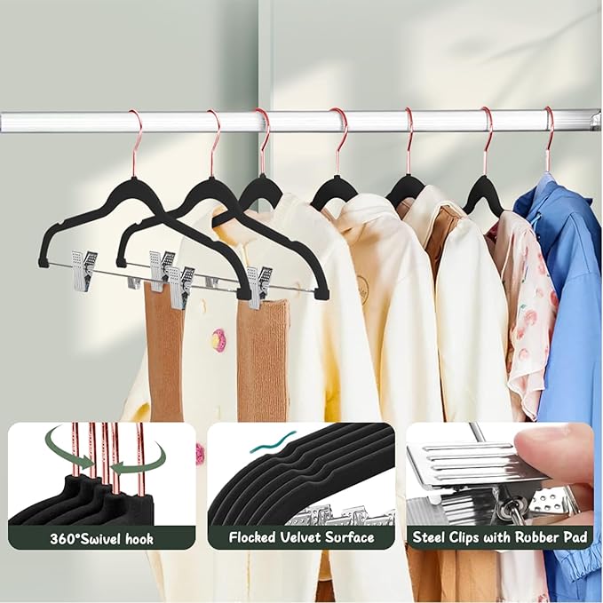 Stormix Baby Hangers - 14 Pack Non-Slip Heavy-Duty Kids Hangers with Clips, Black (Rose Gold Hook) for Shirts, Pants, Skirts, Dresses, Jackets, Coats