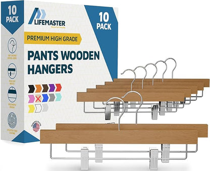 Natural Color Wooden Pants Hangers 10 Pack, Lotus Wood Hanger with Adjustable Non-Slip Clips, Heavy Duty 10 lb Capacity, 360° Swivel Hook, Slim, Space-Saving Design for Slacks, Jeans, Skirts