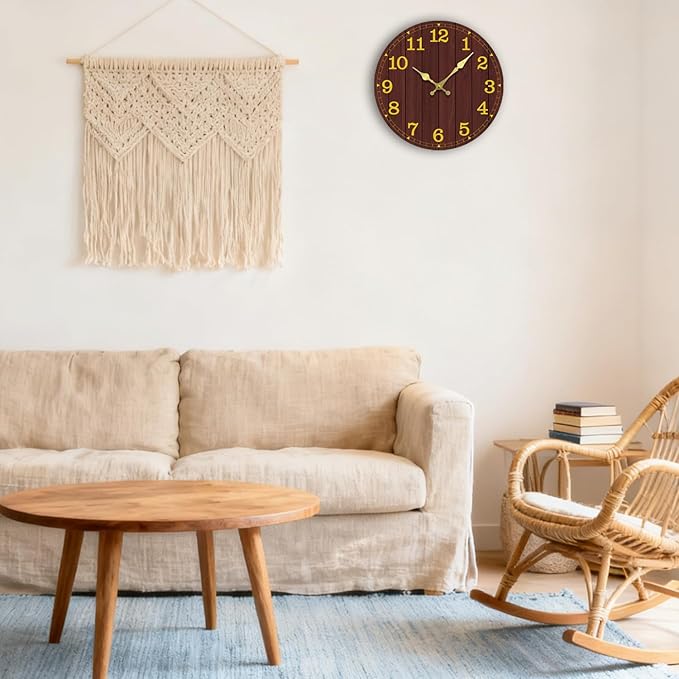 Wall Clock Battery Operated 8 Inch Brown Silent Non Ticking Country Rustic Design Vintage Retro Decorative for Bathroom Kitchen Bedroom