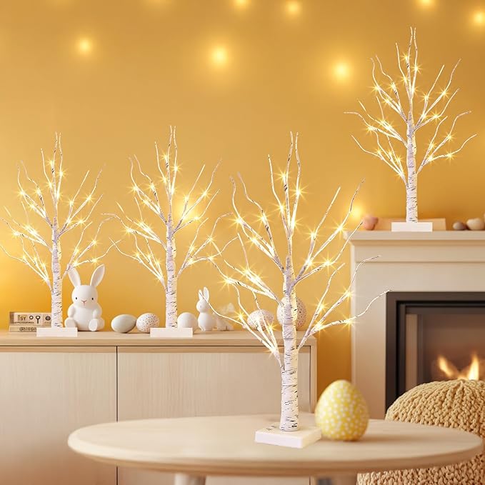 EAMBRITE Home Decorations Light Up White Birch Tree Indoor Christmas Decor, 4 Pack Battery Operated/USB Lighted Tabletop Money Tree Lamp Led Lights Easter Wedding Centerpiece Table Room (2 Ft)