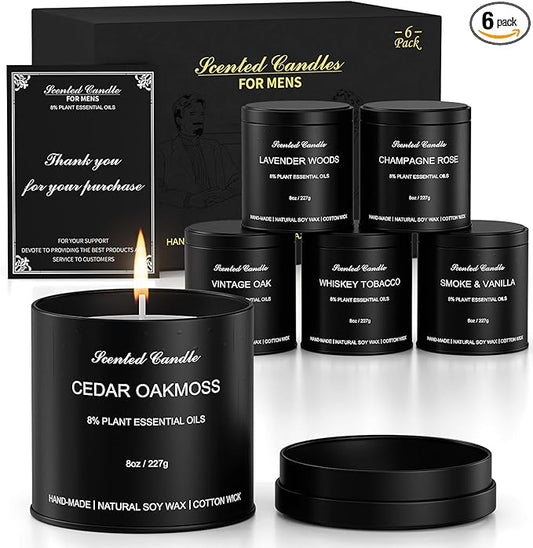 Men Scented Candle Set | Gifts for Men Aromatherapy Candles | 6 Pack Fragrances Black Tin Jar Candles | Scented Candle for Home,Work,Party | Manly Soy Candle Gifts for Boyfriend,Farther and Christmas