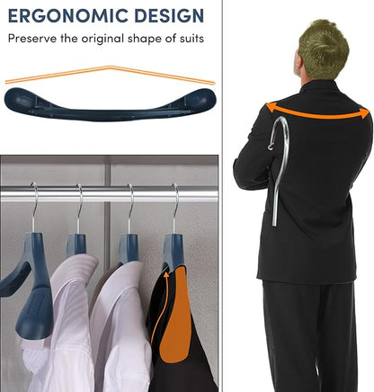 Suit Hangers for Men 50 Pack, Blue Coat Hangers Extra Wide Non Slip Width 17.7", Thick Plastic with Pants Bar & Metal Hook
