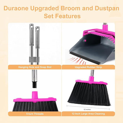 Stand Up Broom and Dustpan Set, Sturdy and Adjustable Dustpan with 51'' Long Handle, Heavy Duty Broom with Standing Dust Pan for Kitchen Garage Looby Pet Dog Hair - Rose Red
