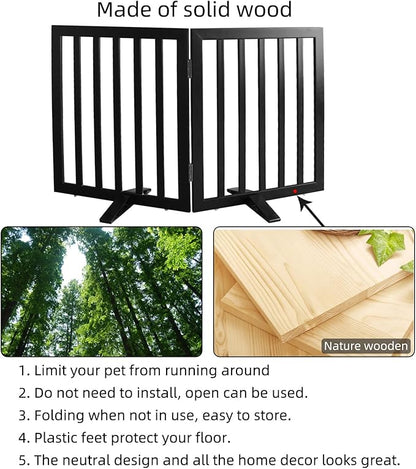 Dog Gate Indoor, Freestanding Dog Fence for The House, Doorways, Hallways,or Stairs,Pet Gate Foldable Wooden,Expandable 32" Height 2 Panels,Black