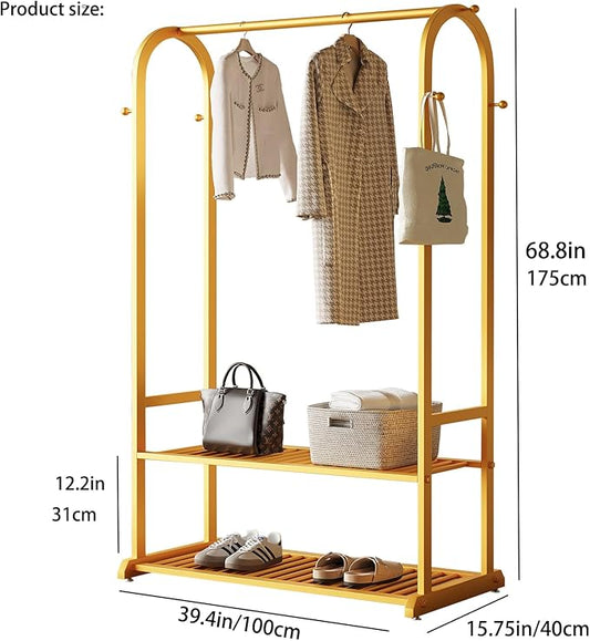 Gold Clothing Rack,Heavy duty clothes rack with 2-tier Bottom Shelves, Garment Rack with 6 Side Hooks for Hanging Clothes, Coats, Shirts (gold, 39.37in)
