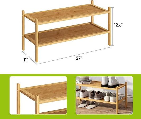 BMOSU 2-Tier Bamboo Shoe Rack Premium Stackable Shoe Shelf Storage Organizer for Hallway Closet Living Room Entryway Organizer(Natural)