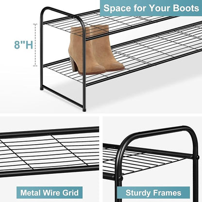 AOODA Long 2 Tier Shoe Rack for Closet Metal Wide Stackable Shoe Storage Organizer for Entryway, Bedroom, Floor, 18-Pairs Low Shoe Shelf, Black