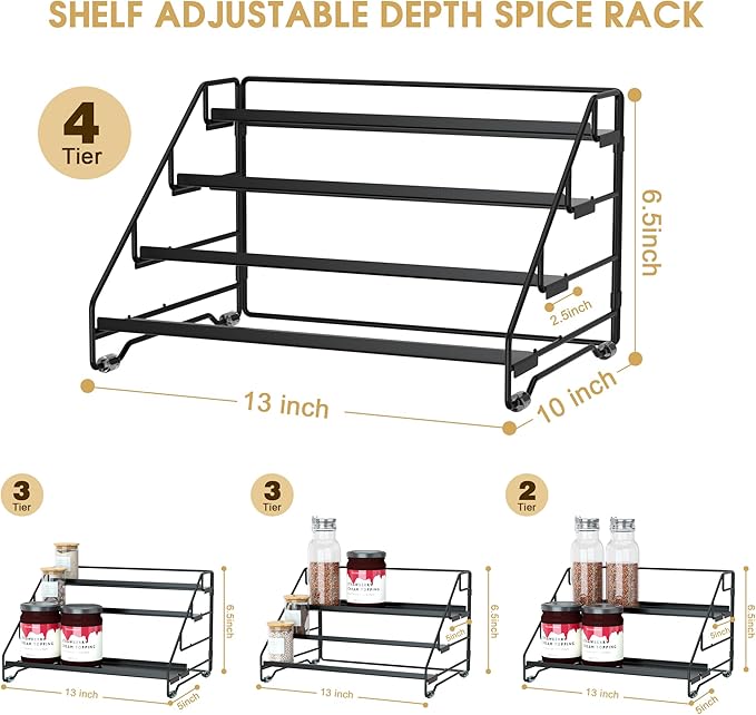 Jolitac 4-Tier Spice Rack Organizer, Depth Adjustable Step Shelf, Metal Spice Rack Perfect for Cabinet, Countertop & Pantry Storage | Enhances Kitchen Visibility and Organization | 2 Pack