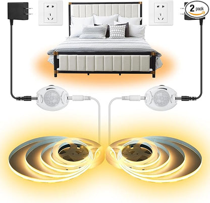 Motion Activated COB LED Strip Bed Lights, 2 x 6.56Ft Warm White COB LED Strip Motion Sensor Under Bed Lights,12V Dimmable Motion Sensor Night Light Strip Indoor for Under Cabinet Closet Stair