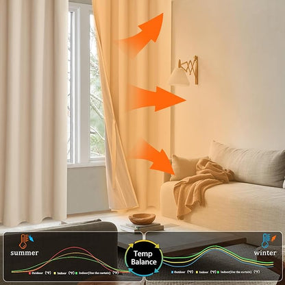 XWZO 100% Blackout Curtains 63 Inches Long - Thermal Insulated & Completely Room Darkening Black Liner Window Treatment with Tiebacks for Bedroom/Living Room, Biscotti Beige, W38 x L63, Set of 2
