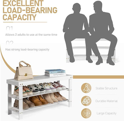 Bamboo Shoe Bench 90cm, 2-Tier White Color Slatted Entryway Bench, Multifunctional Storage Bench for Hallway Living Room