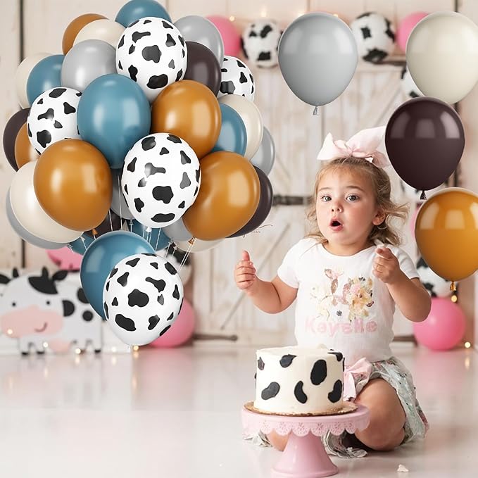 Cowboy Western Party Balloons 12 Inches 50pcs Cow Print Balloons, Coffee Brown Blue Cow Balloons for Cowboys Cowgirls Rodeo Party Birthday Baby Shower Western Farm Animals Cow Themed Party Decor