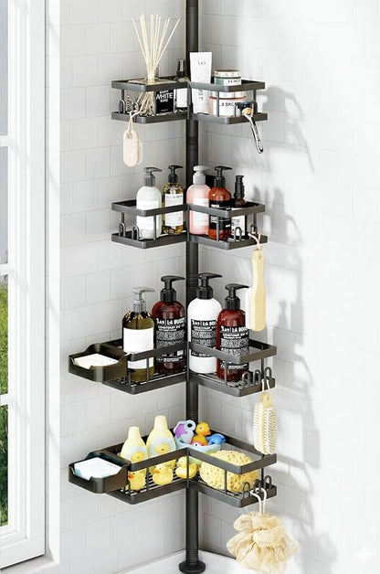 YASONIC Corner Shower Caddy Tension Pole, 25.7-109.1in Adjustable Shower Shelves, Rust-Resistant Shower Organizer, No-Drill 3-Step Installation, Bathroom Shelves for Renters & Family, Black