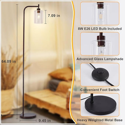 DLLT Floor Lamp Tall for Room: Brown Standing Lamp with Clear Glass Lampshade for Living Room - Modern Bright Lamp for Bedroom - Industrial Corner Floor Lamps for Office 8W Led Bulb Included