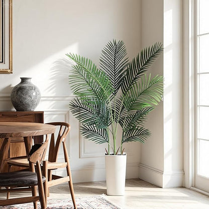 Artificial Areca Palm Tree 5FT Fake Potted Plant Faux Silk Tropical Areca Palm Real Bark Design, Large Artificial Plant in Tall White Pot for Home Living Room House Warming Floor Decor