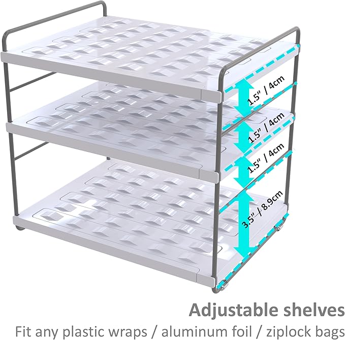YAN & HIN 3-Tier Pantry Cabinet Organizers and Storage Adjustable Height and Expandable Kitchen Plastic Wrap Organizer Sturdy Aluminum Foil Countertop For Cupboard Multi-Purpose Use