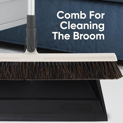 Superio 18" Horse Hair Upright Broom with Telescopic Handle & 16" Black Dustpan with Comb, Rubber Lip & Clip – Narrow Thin Dust Broom for Dog Hair – Hardwood & Tile Floor Cleaning Set – Gray/Black