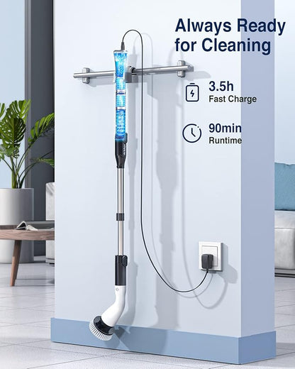 LABIGO Electric Spin Scrubber LA1 Pro, Cordless Spin Scrubber with 4 Replaceable Brush Heads and Adjustable Size Extension Handle Power Full Cleaning Brush for Bathroom Floor (Deep Black)