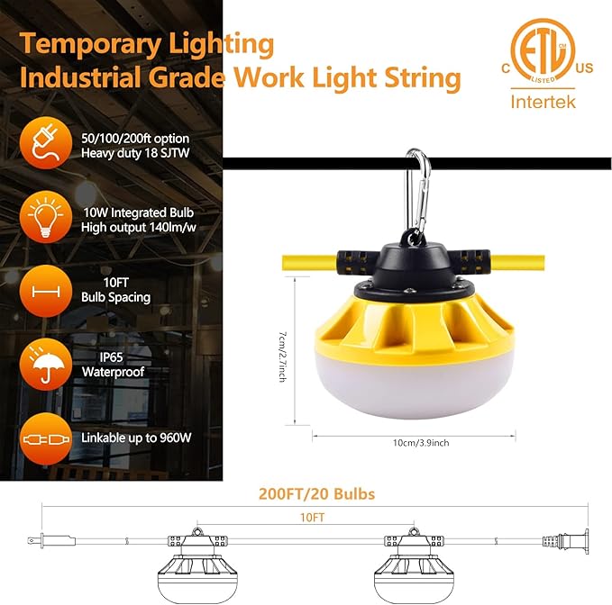 200FT Construction String Lights LED Industrial Grade Best for Construction Sites, Renovation, Walkways,Patio，Mine cave, Outdoor, and Other Outdoor Lighting Solutions Use,Free for Climbing Hook