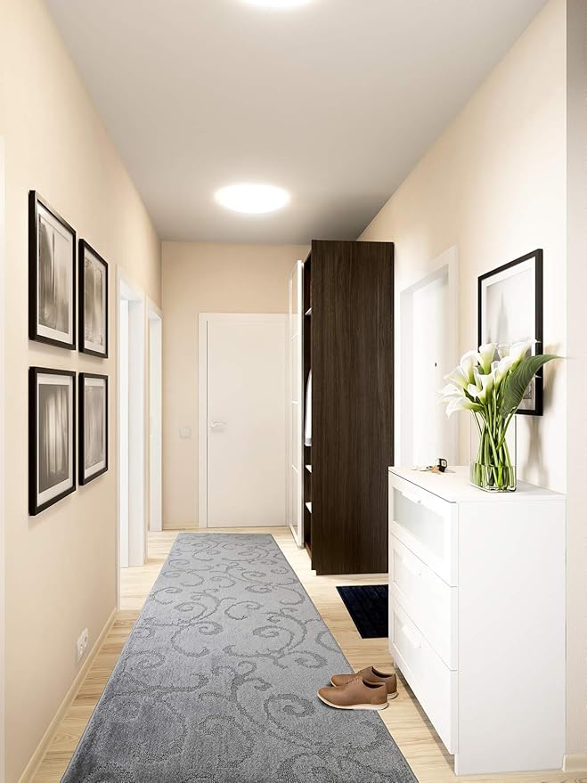 Custom Cut Hallway Runner Rug, Slip Resistant, 31 Inch Wide X Your Choice of Length, Scroll Grey, 31 Inch X 13 feet