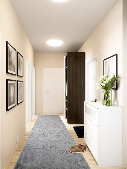 Custom Cut Hallway Runner Rug, Slip Resistant, 31 Inch Wide X Your Choice of Length, Scroll Grey, 31 Inch X 13 feet