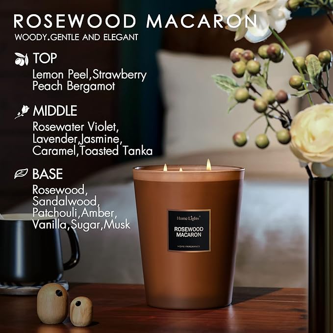 HomeLights Scented Candles | Large Jar Candle - 33.3 Oz. Natural Soy Aromatherapy Candles | Up to 70 Hours Burn Time with 3 Cotton Wicks, Home Decorative Fragrance Candles - Rosewood Macaron