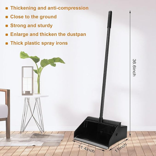 Leumoi 12 Pcs Dust Pans with Long Handle Set 36.6 Inch Commercial Dust Pan with Comb Large Plastic Stand up DustPans for Outdoor Indoor Restaurant Home Office Floor Cleaning (Black)