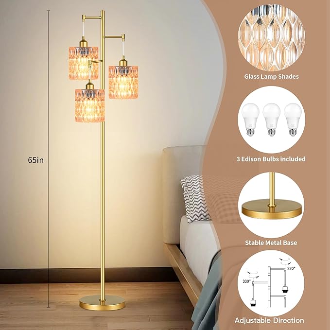 3 Lights Tree Floor Lamps for Living Room,Gold Modern Floor Lamps with Amber Glass Shades,Vintage 68IN Standing Tall Lamp with 800 Lumens Bulbs,Mid Century Floor Lamp for Bedroom Corner Office