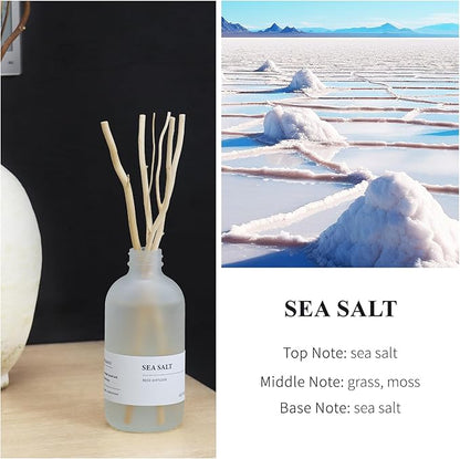 Sea Salt Reed Diffuser, 7.4oz(220ml) Sea Salt Musk & Seaweed Essential Oil Refill, Bathroom Air Freshener with Willow Branches Decor, Long Lasting Fragrance for Home (1-Pack)
