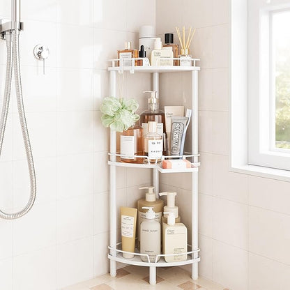 ELYKEN Corner Shower Caddy Standing, 3 Tier Rustproof Metal Shower Organizer with Soap Holder, Floor Shower Corner Shelf Rack Storage Stands with Adjustable Feet & 2 Hooks for Bathroom, White