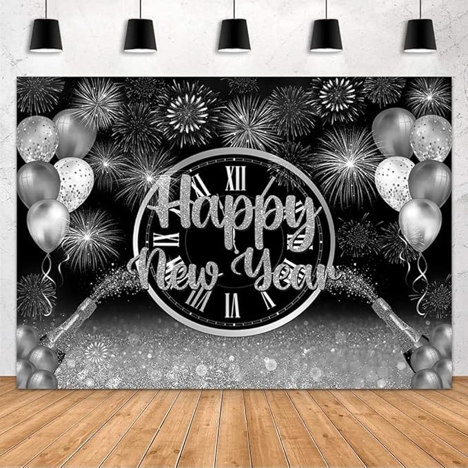 MEHOFOND 7x5ft Happy New Year Backdrop Silver 2026 New Year Eve Party Decorations Banner Supplies Shining Champagne Balloons Firework Photography Background New Years Eve Photo Studio Props