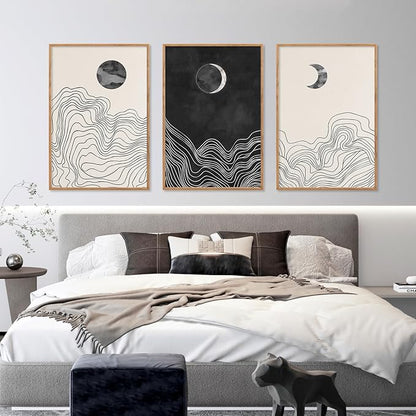 HLNIUC Black and White Abstract Wall Art Set of 3, Large Boho Framed Canvas Decor(24x36), Modern Celestial Sun Moon Painting, Geometric Line Mountain Art Print for Living Room, Bedroom, Office