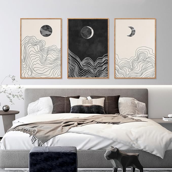 HLNIUC Black and White Abstract Wall Art Set of 3, Large Boho Framed Canvas Decor(16x24), Modern Celestial Sun Moon Painting, Geometric Line Mountain Art Print for Living Room, Bedroom, Office