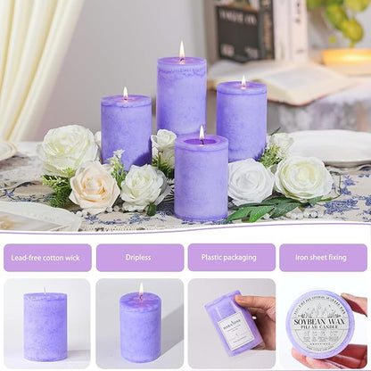 4 Pcs Purple Lavender Scented Pillar Candles, 60 H Long Burning, Natural Essential Oils,2.8x4in Non-Toxic & Smokeless,Calming Aromatherapy for Bedroom Sleep Aid/Bath SPA/Office Stress Relief