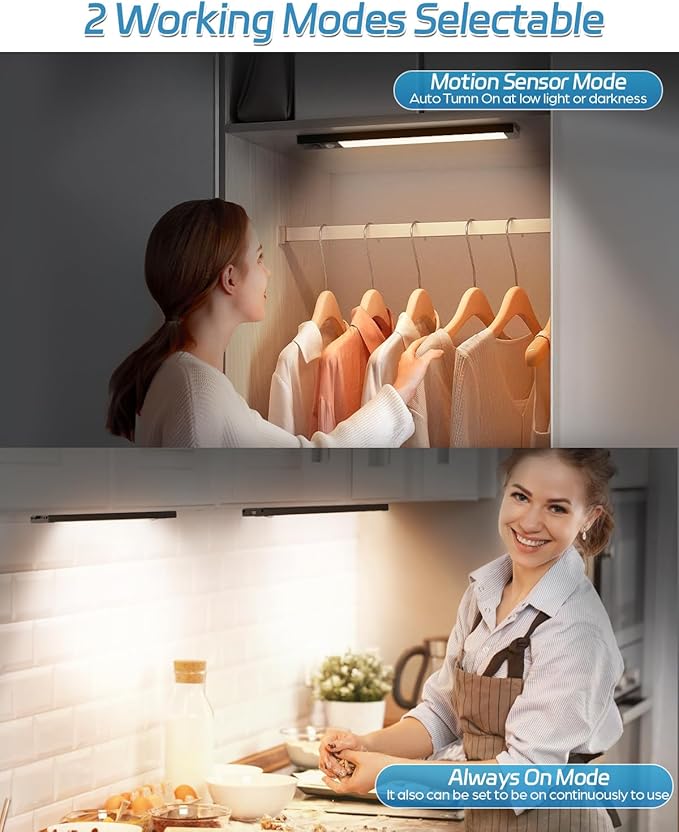 HIBOITEC Closet Lights Motion Sensor Wireless Light 50 LED Rechargeable Dimmable Under Cabinet Lighting, Under Counter Light for Kitchen, Bedroom, Stair, Hallway, 2 Packs, Warm White Light, 10 inch